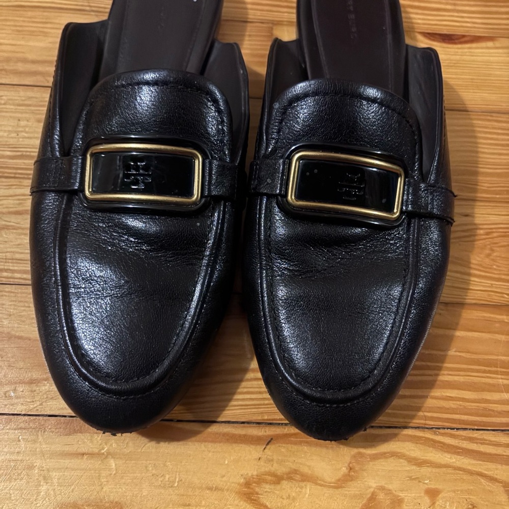 Tory Burch Black Leather Loafers with Gold Accent